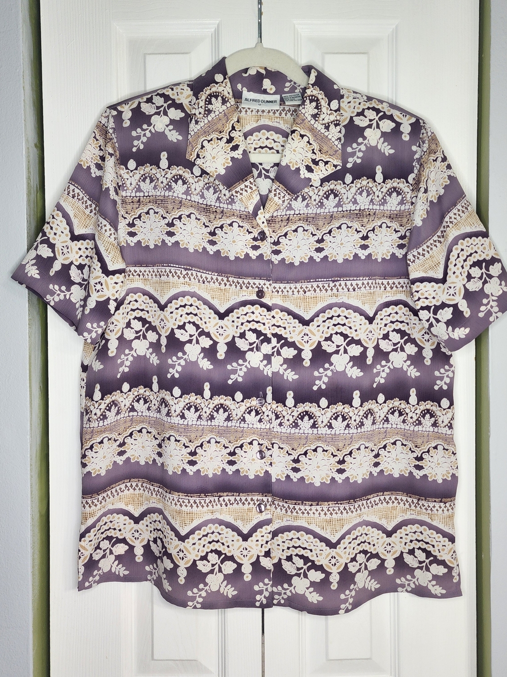 Alfred Dunner Purple and Cream Short Sleeve Button-Down Shirt Size 12